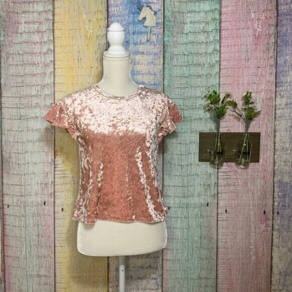 Soprano Womens Girls XL Blush Pink Crushed Velvet Split Back Top Pullover Shirt - Picture 2 of 8